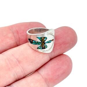Native Navajo Charlie Singer Sterling Silver Turquoise Peyote Bird Ring Size 5